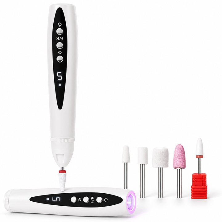 White pen-style drill with digital display and buttons, a UV light at one end, and five interchangeable bits including a red-based one. 5