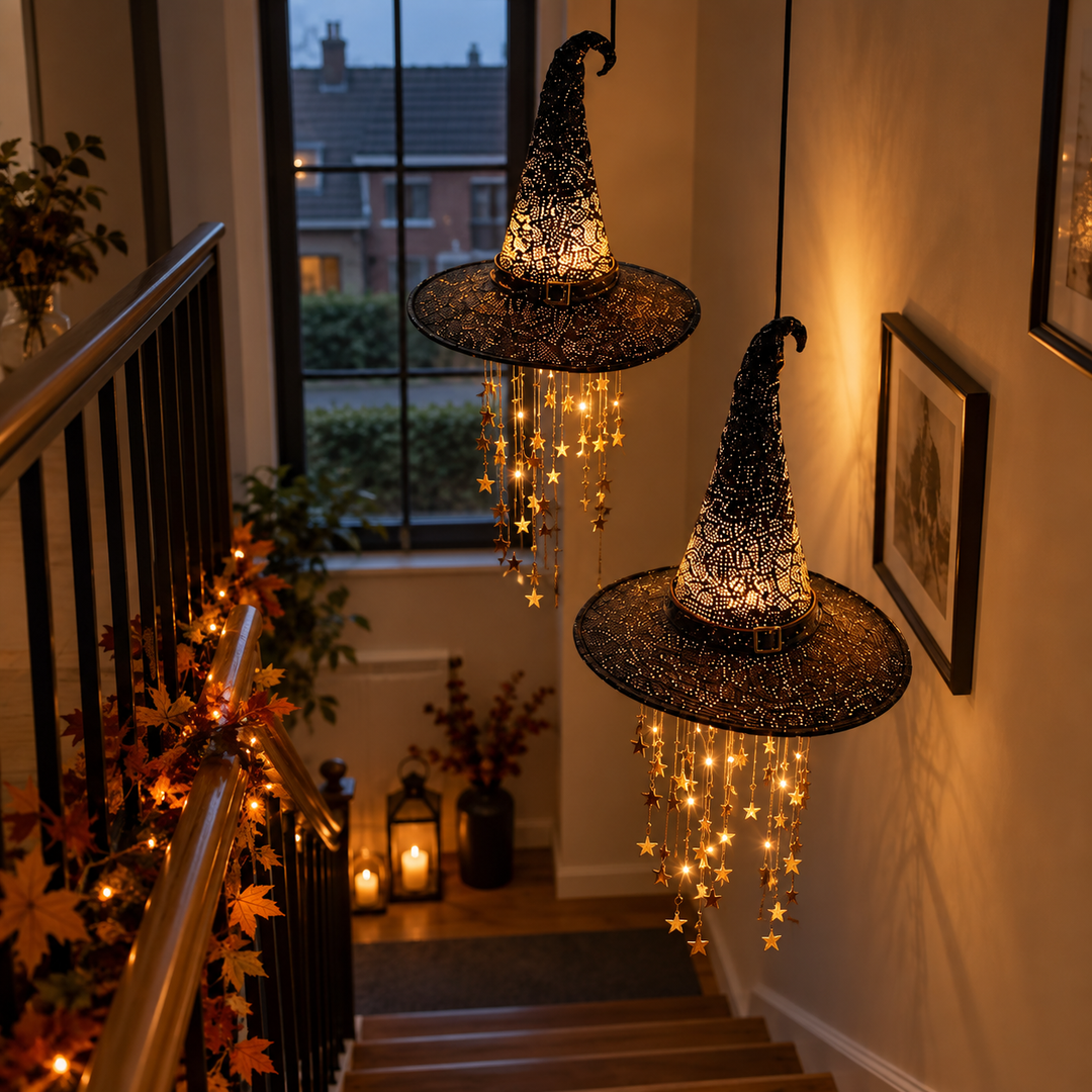 Two lit witch hats hang above a staircase decorated with autumn leaf garland and lanterns 9