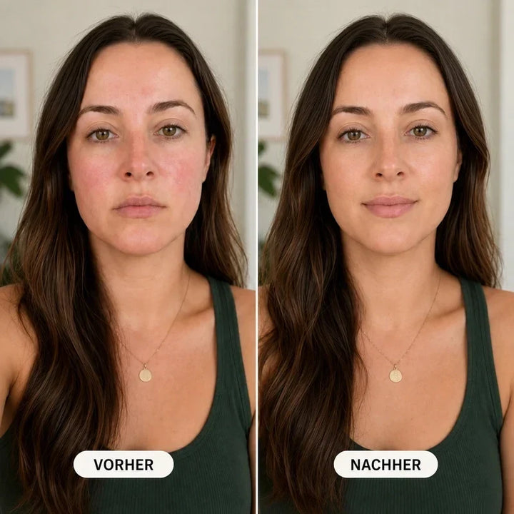 Color-Adjusting 2-in-1 Foundation before-and-after of a woman with long brown hair and softened cheek redness.