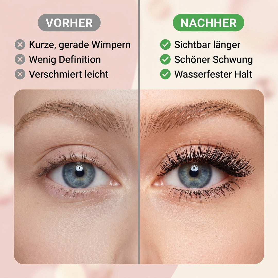 Side-by-side close-up of a blue eye comparing short, sparse natural lashes on the left with long, dark, curled lashes after mascara on the right. 3