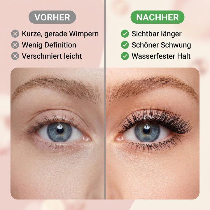 Side-by-side close-up of a blue eye comparing short, sparse natural lashes on the left with long, dark, curled lashes after mascara on the right. 3