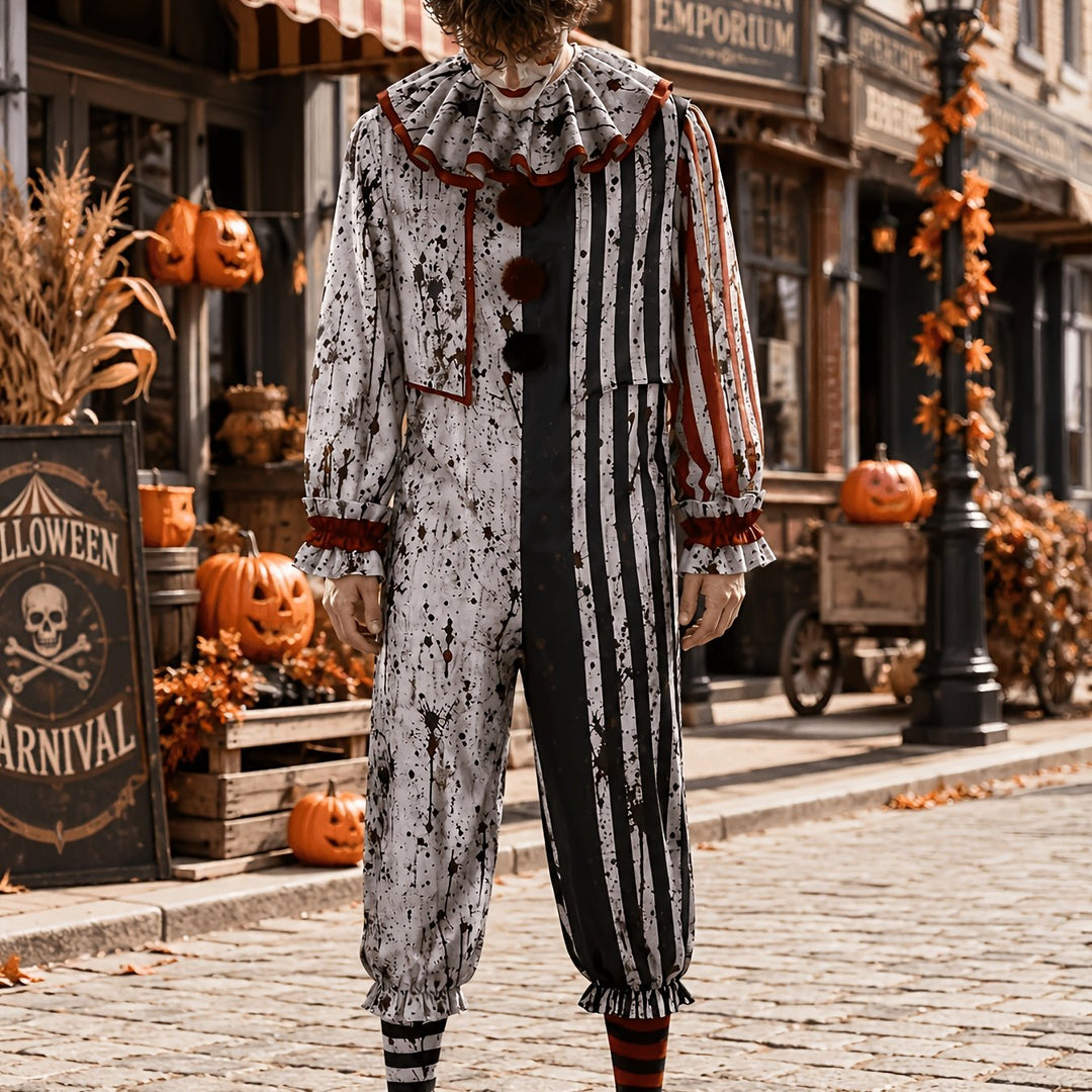 Close-up of the jumpsuit from the face down to the knees, showing the ruffled collar, pom-pom buttons, splatter print and ruffled cuffs. 5