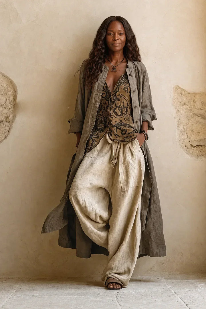 Model leaning on a plaster wall in the full set, long olive cardigan open over paisley top and wide beige pants 1