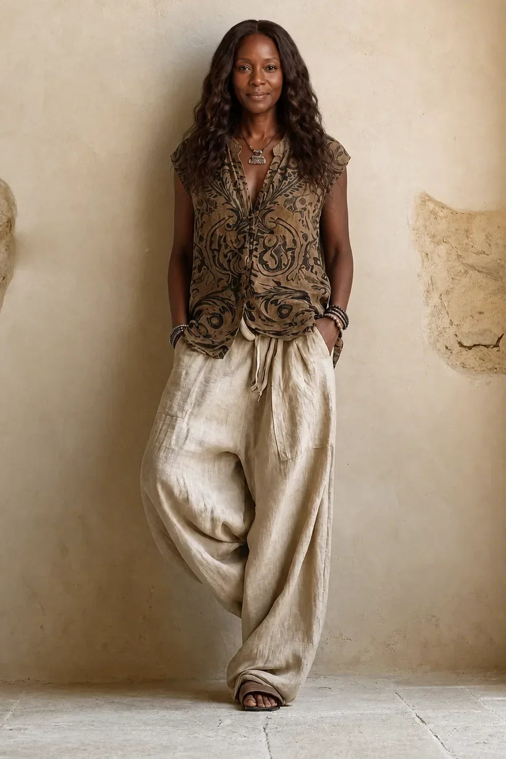 Model wearing only the sleeveless paisley-print top and drawstring wide-leg beige pants, hands in pockets, without the 2