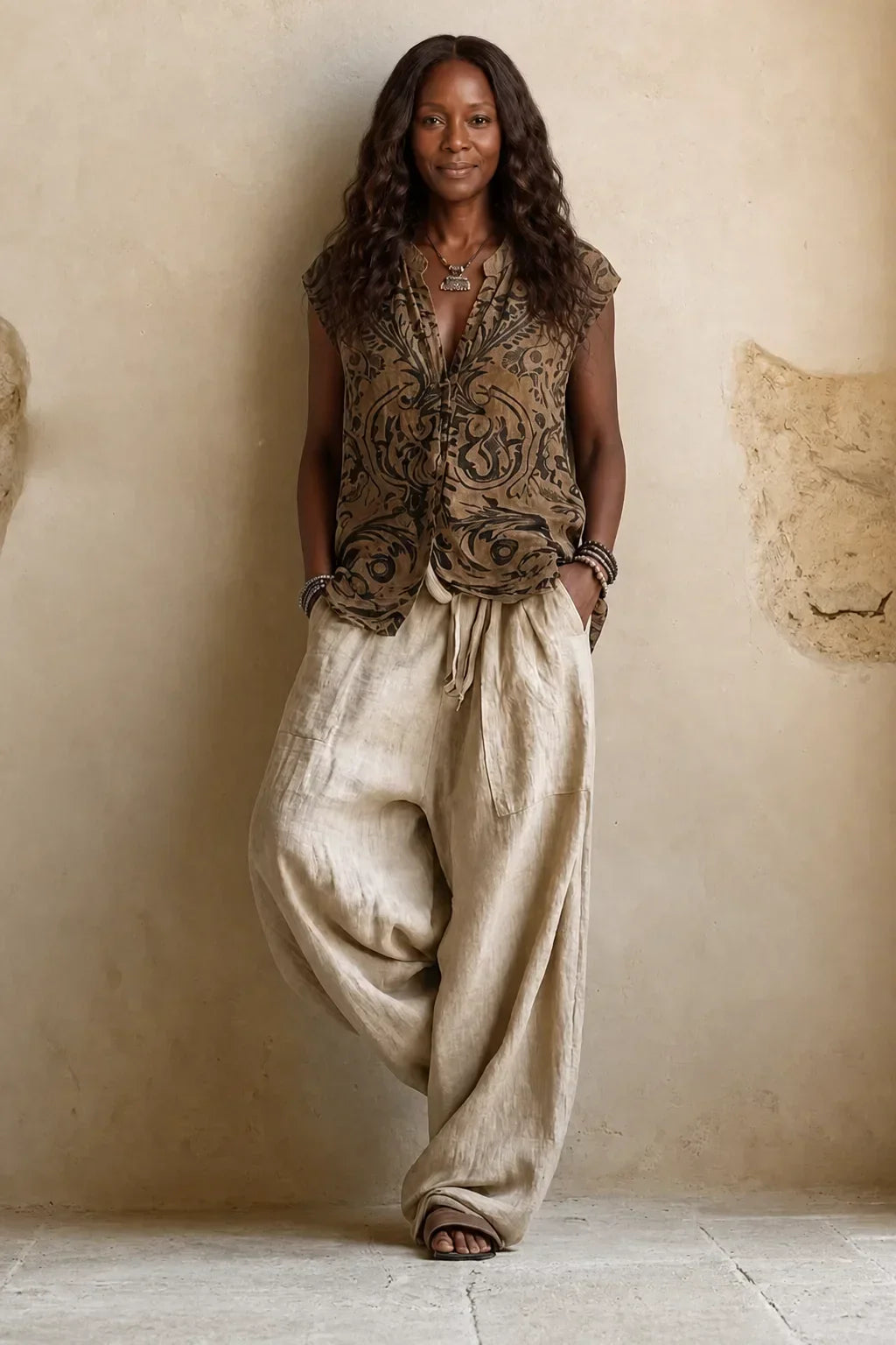 Model wearing only the sleeveless paisley-print top and drawstring wide-leg beige pants, hands in pockets, without the 2