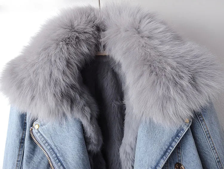Denim and Faux Fur Elegance Jacket - Stella-Blue-XS-Nora Luxe
