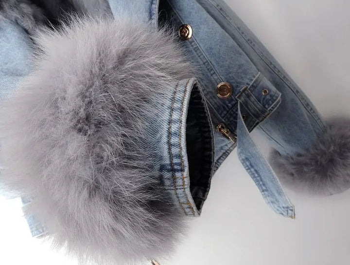 Denim and Faux Fur Elegance Jacket - Stella-Blue-XS-Nora Luxe