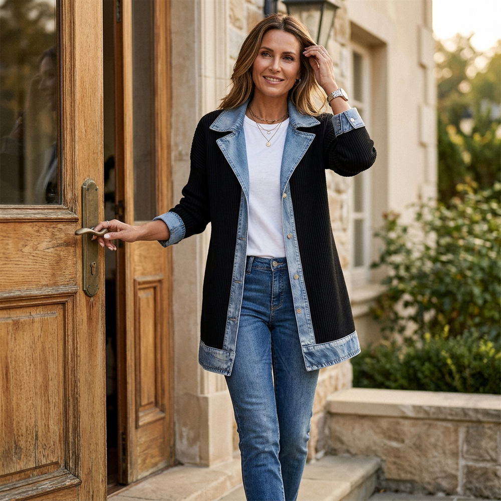 Woman wearing the black ribbed coat with denim trim over a white tee and jeans, opening a wooden door. 2