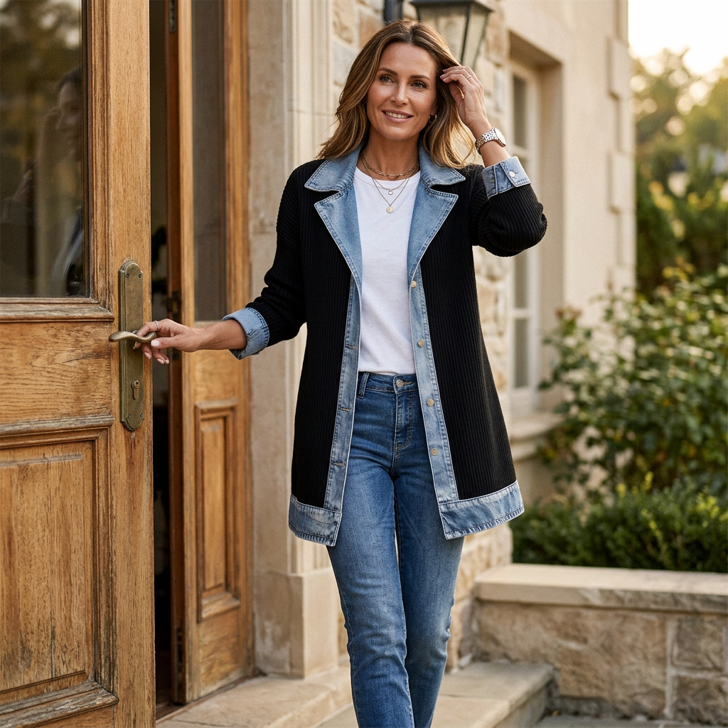 Woman wearing the black ribbed coat with denim trim over a white tee and jeans, opening a wooden door. 2