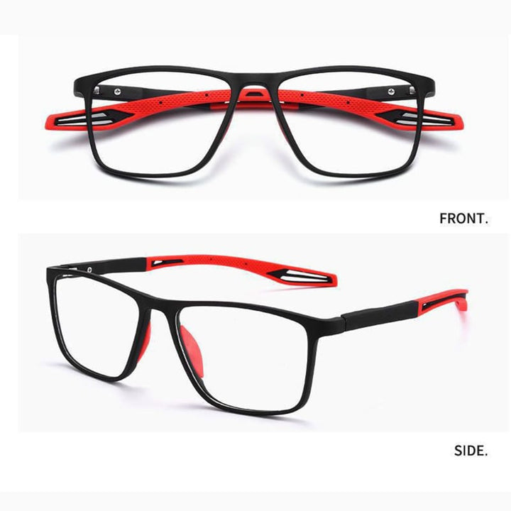 Another view of the black frame with red temples.