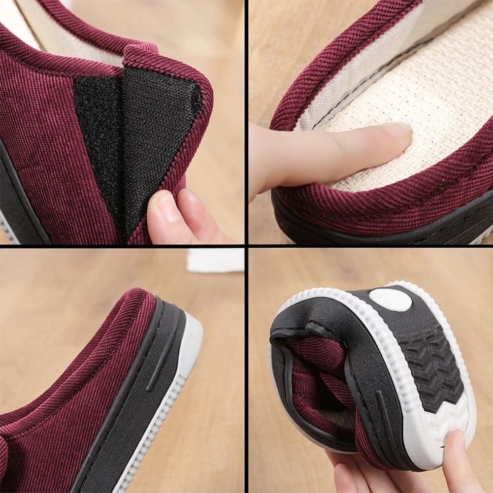 Four close-up details of burgundy slippers: hook-and-loop strap, woven insole, thick sole edge and non-slip tread pattern. 8