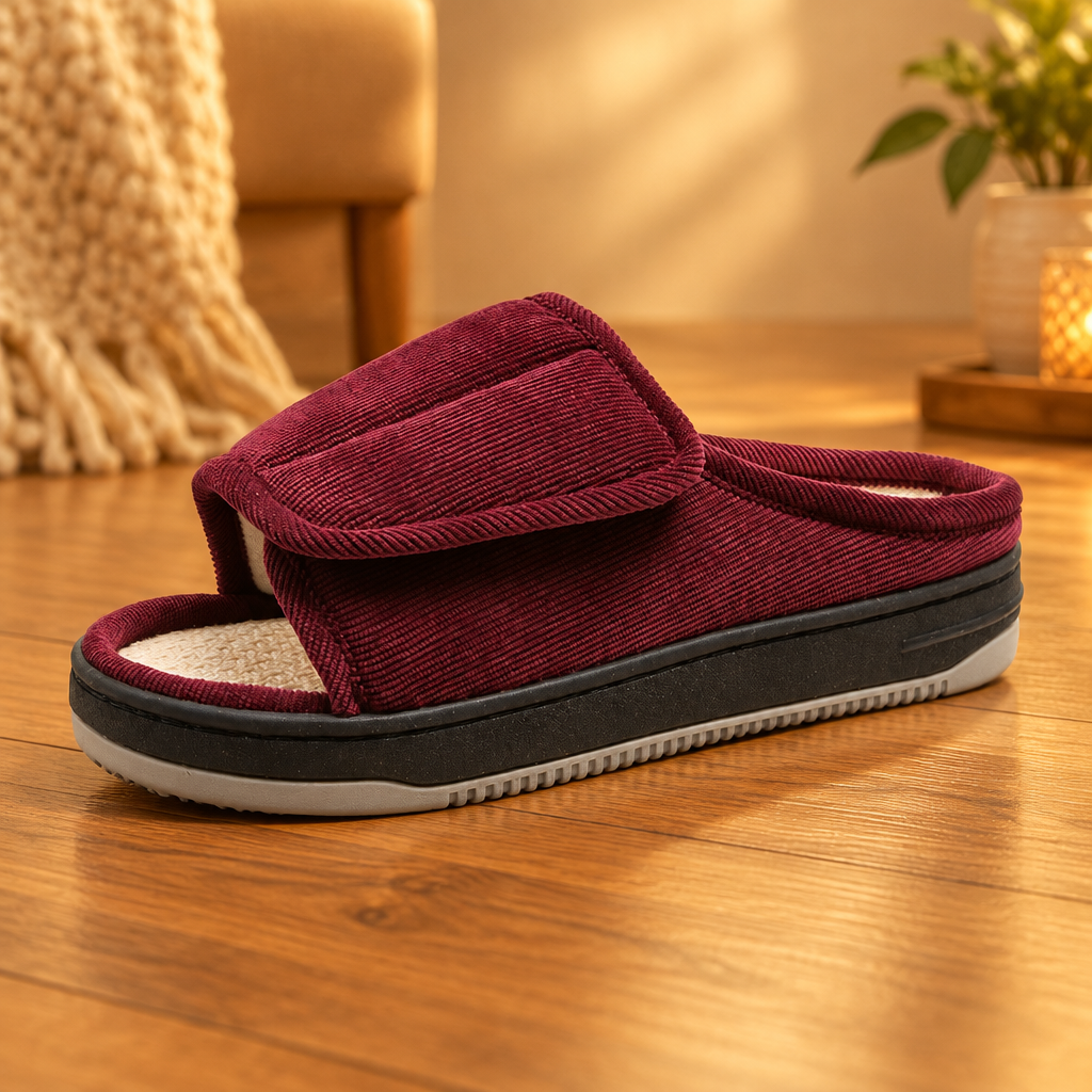 Burgundy corduroy open-toe slipper with adjustable strap on a wood floor in a cozy living room setting. 13