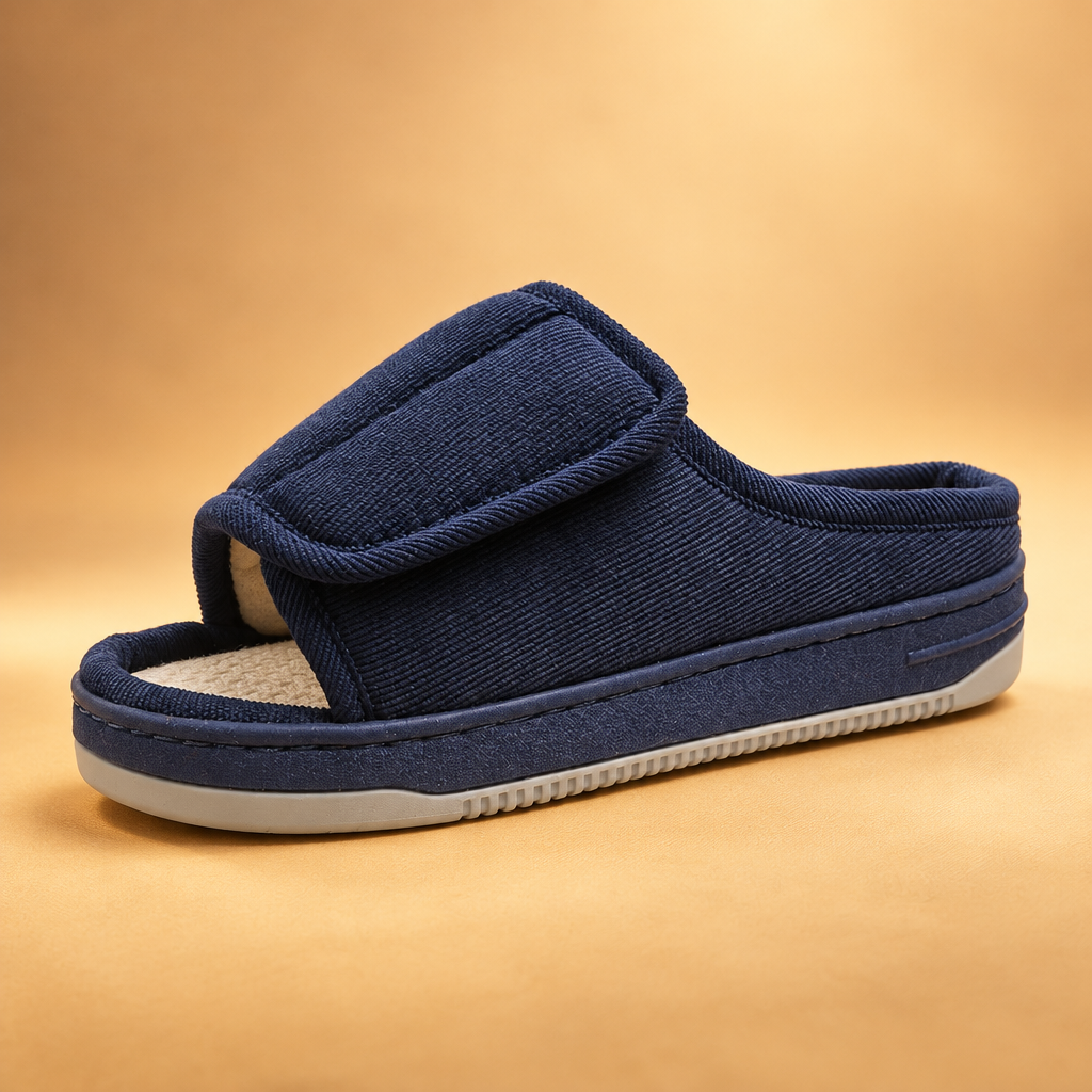 Navy blue corduroy open-toe slipper with adjustable strap and light gray sole, photographed against a warm golden backdrop. 12