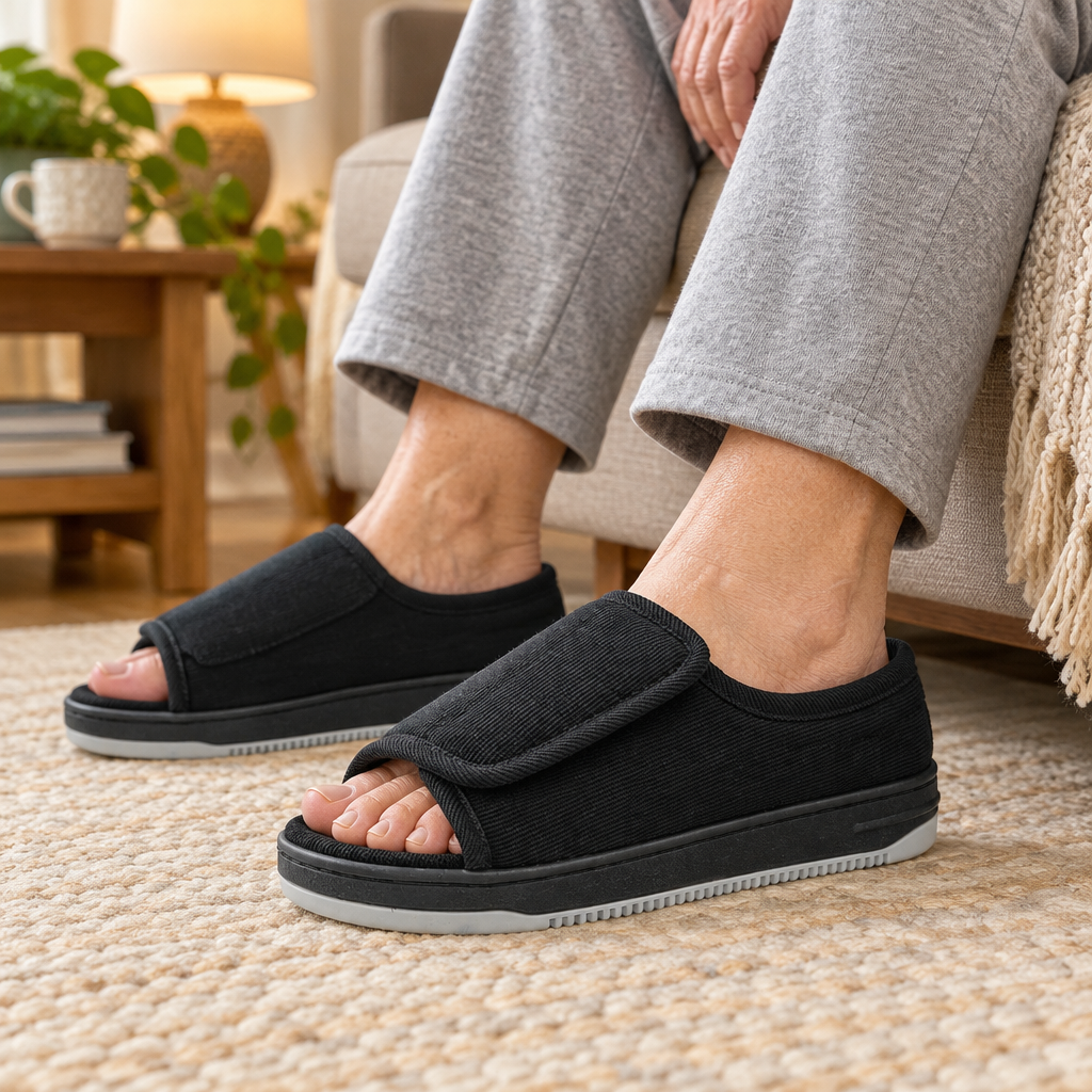 Black open-toe slippers with a wide fold-over strap, shown on a person seated on a woven rug.