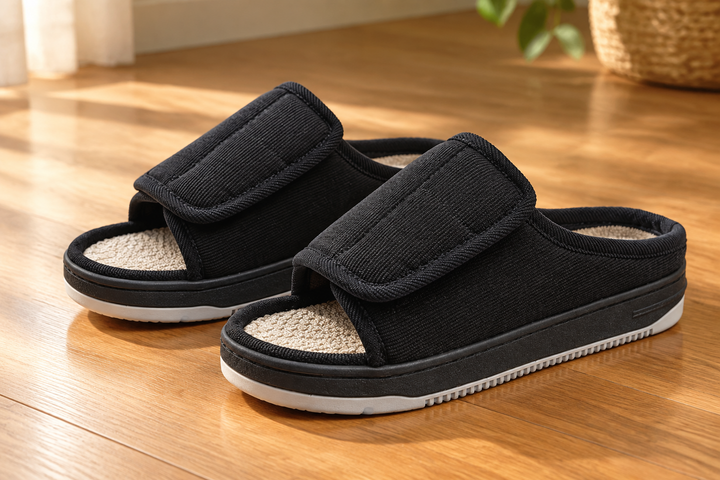 Pair of black corduroy open-toe slippers with wide fastening straps and woven beige insoles on a sunlit hardwood floor. 1