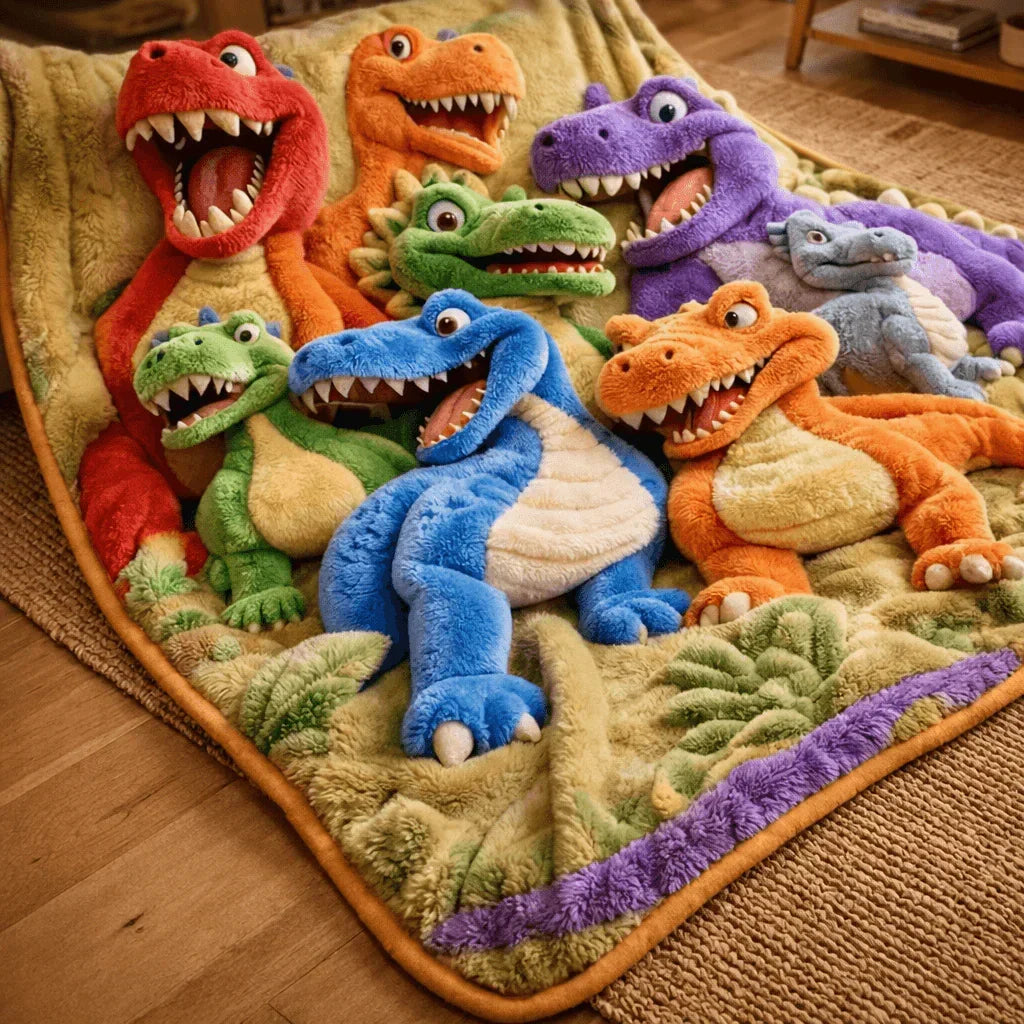 Full view of the plush dinosaur blanket spread on a woven rug.