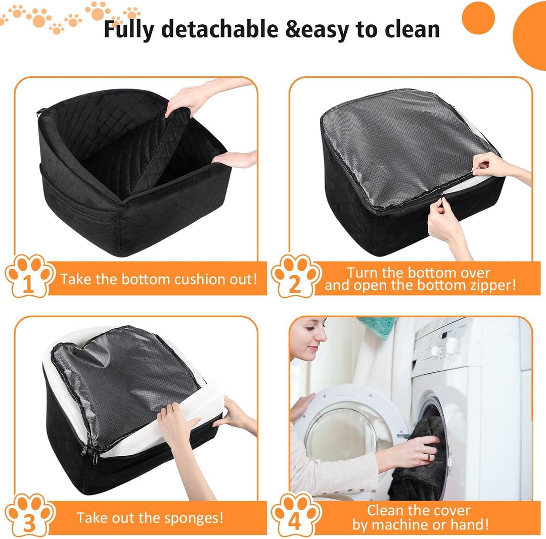Dog seat with seat belt & storage compartments-Black-Nora Luxe
