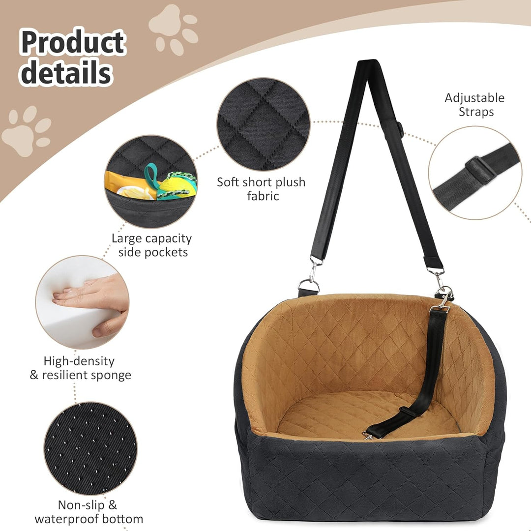 Dog seat with seat belt & storage compartments-Black-Nora Luxe