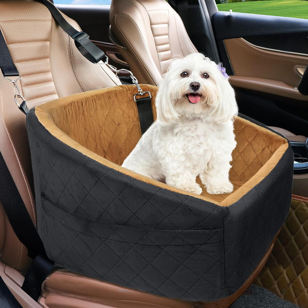 Dog seat with seat belt & storage compartments-Black/Brown-Nora Luxe