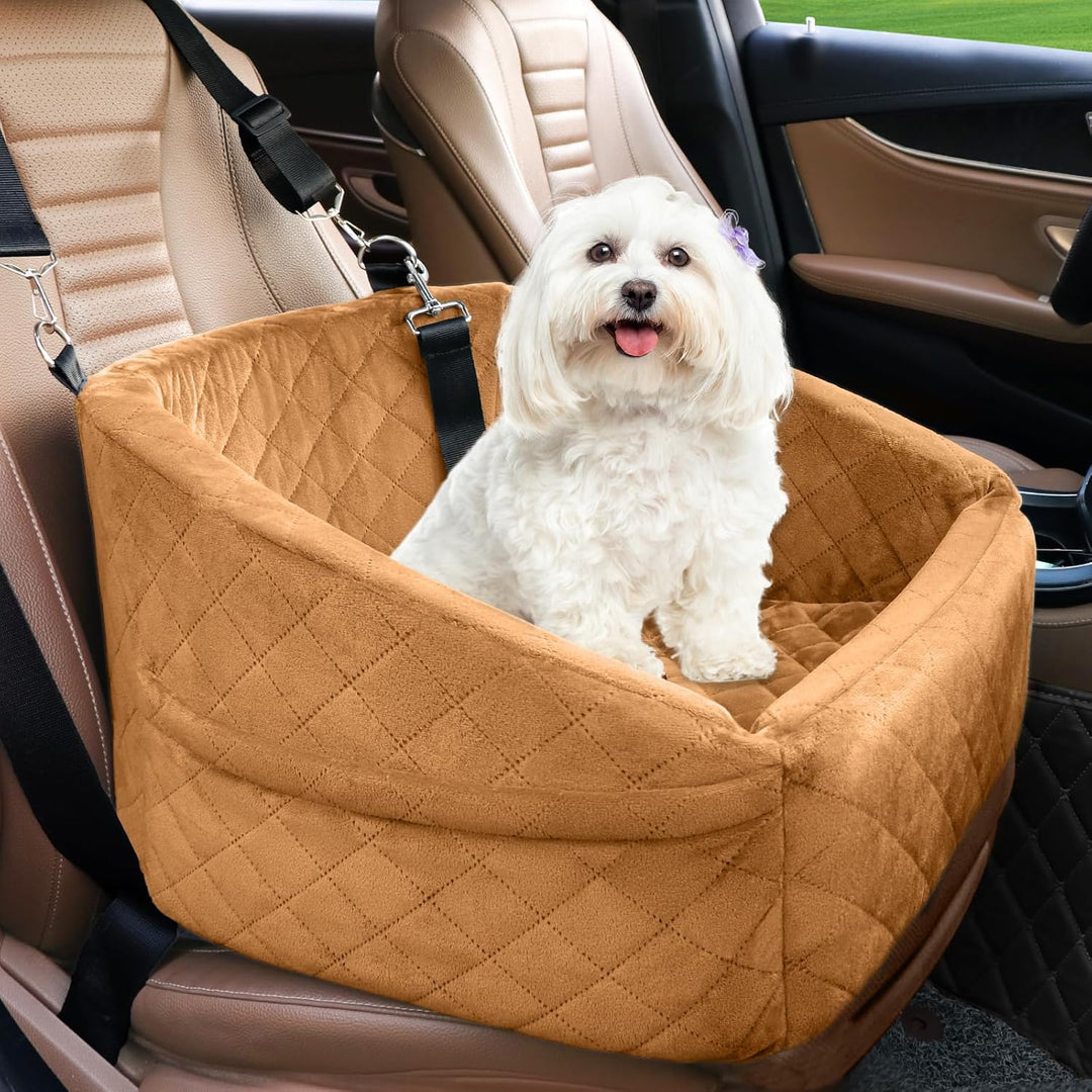 Dog seat with seat belt & storage compartments-Brown-Nora Luxe