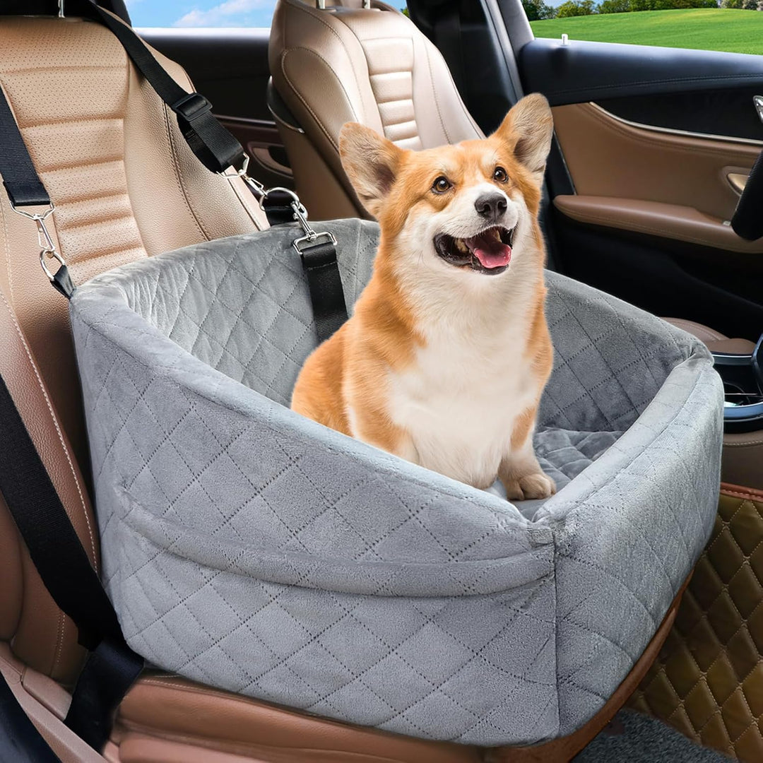 Dog seat with seat belt & storage compartments-Gray-Nora Luxe