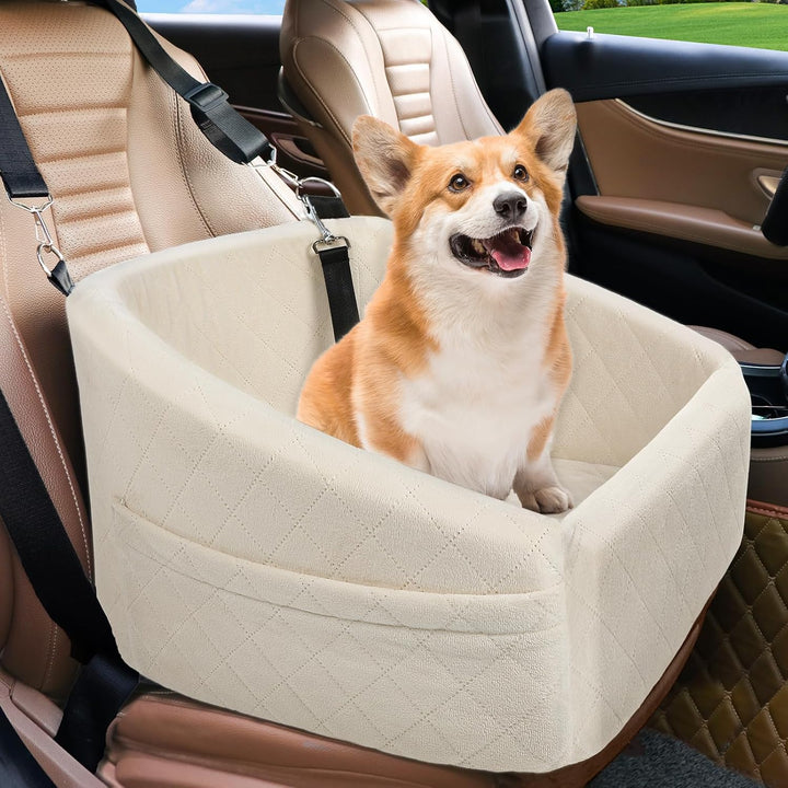 Dog seat with seat belt & storage compartments-White-Nora Luxe