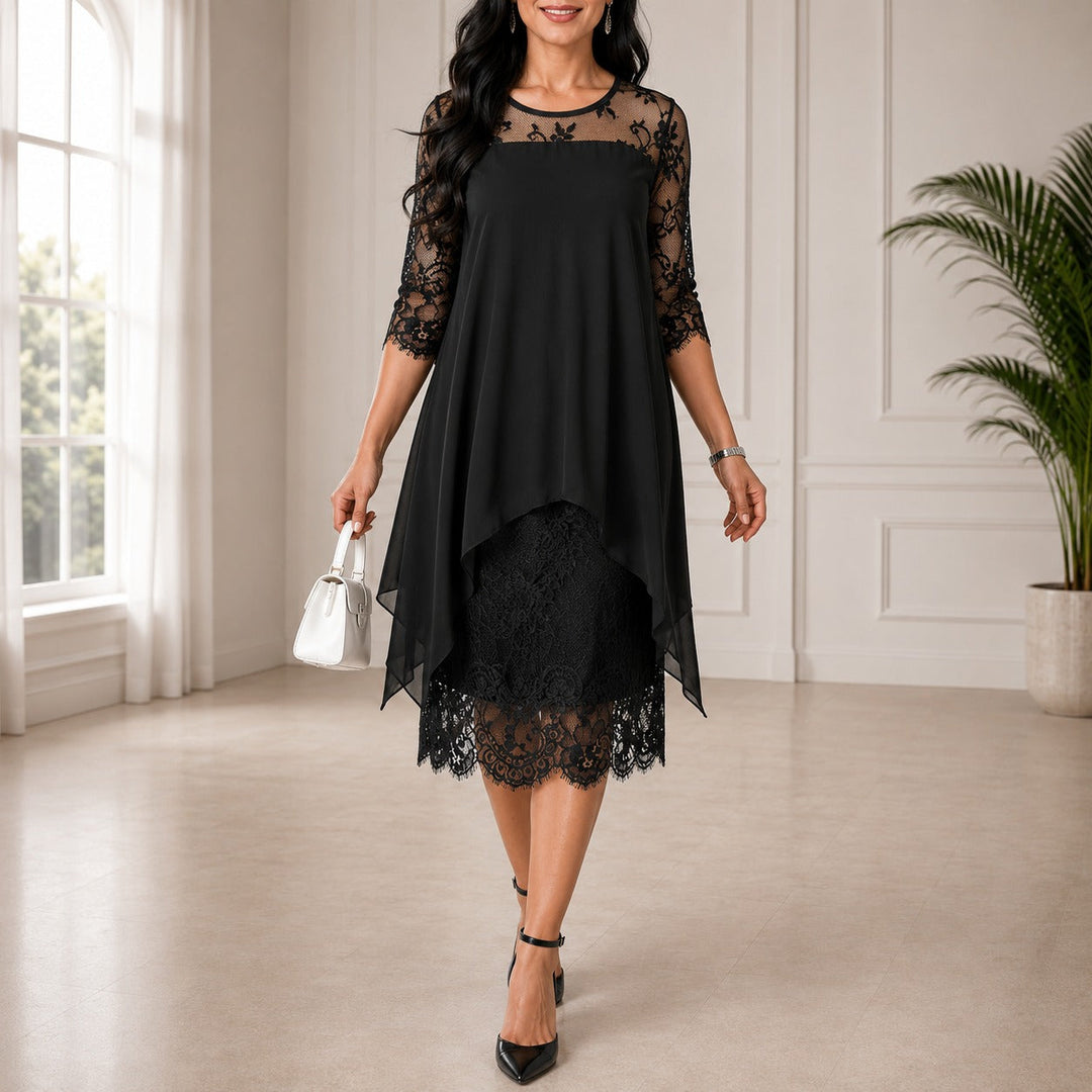 Dorothee Plus Size Midi Evening Dress in black with lace three-quarter sleeves and a layered chiffon overlay