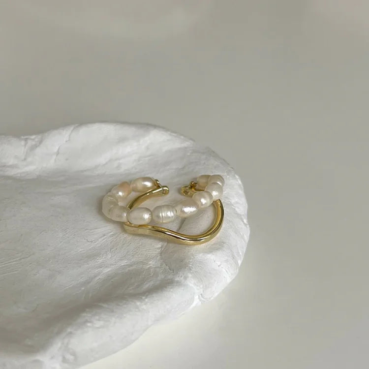 Double Layered Gold Ring with Freshwater Pearl - Ivy-Nora Luxe