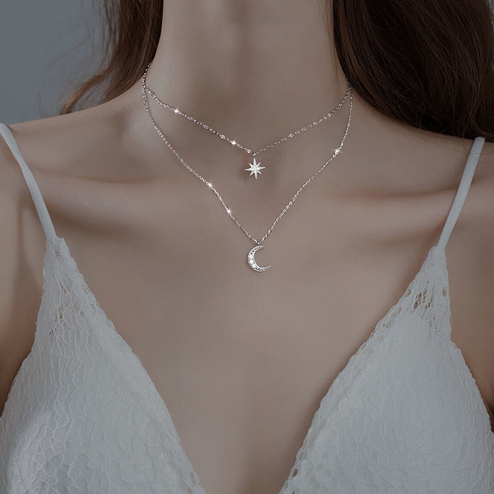 Double Moon Pendant Necklace | Layered Silver Jewellery-Nora Luxe