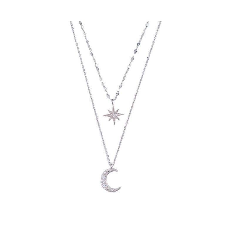 Double Moon Pendant Necklace | Layered Silver Jewellery-Nora Luxe