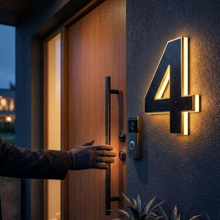 Gloved hand reaches for a wooden door handle beside a warmly backlit black number four with water droplets 2