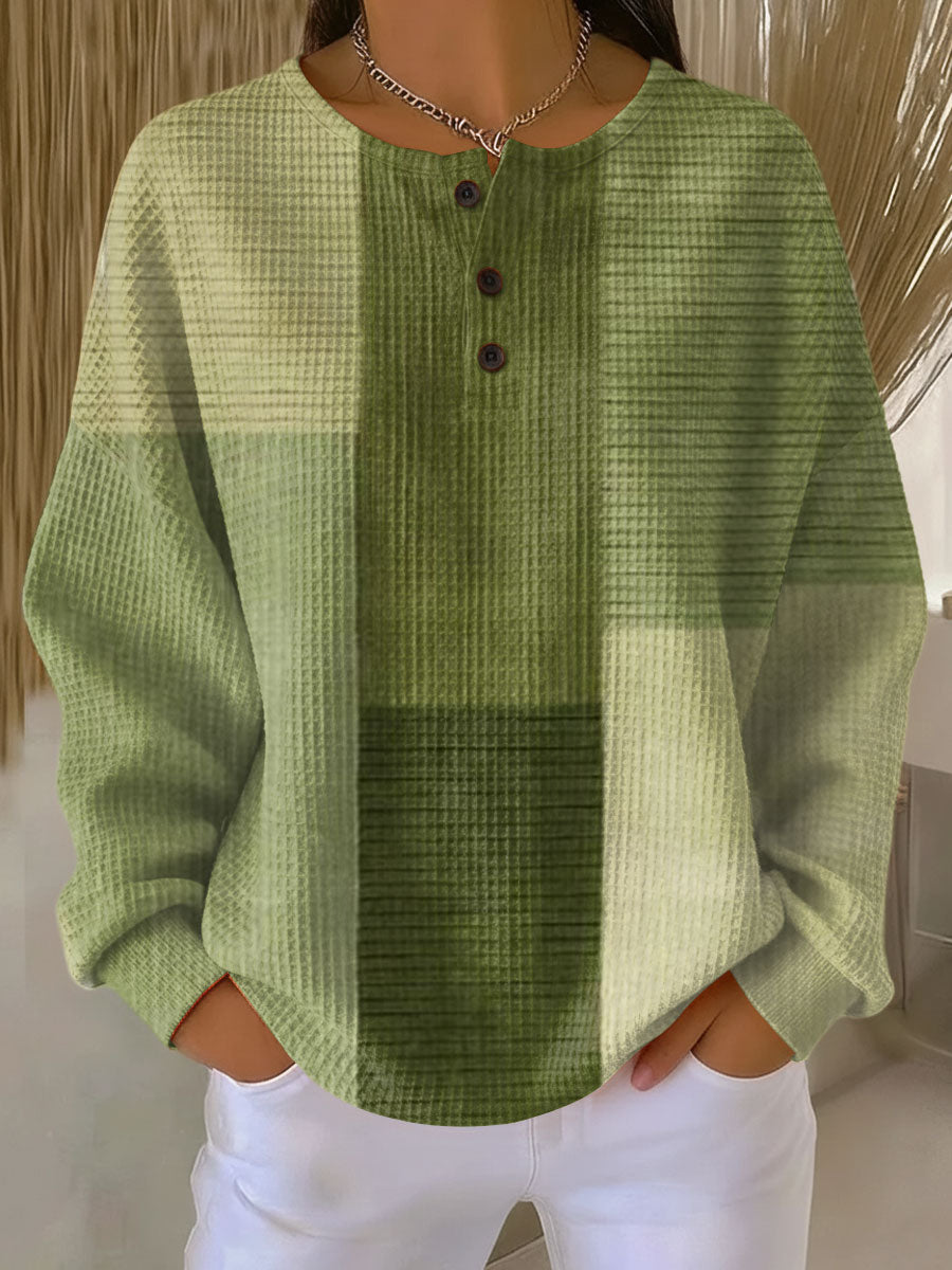 Waffle knit henley in soft green tonal color-block panels with three brown buttons, front view 4