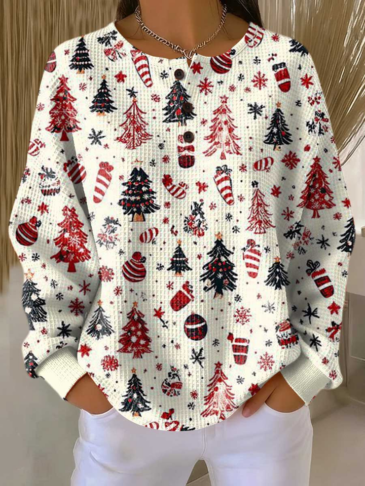 Cream waffle knit henley printed with red and black Christmas trees, candy canes and snowflakes 16