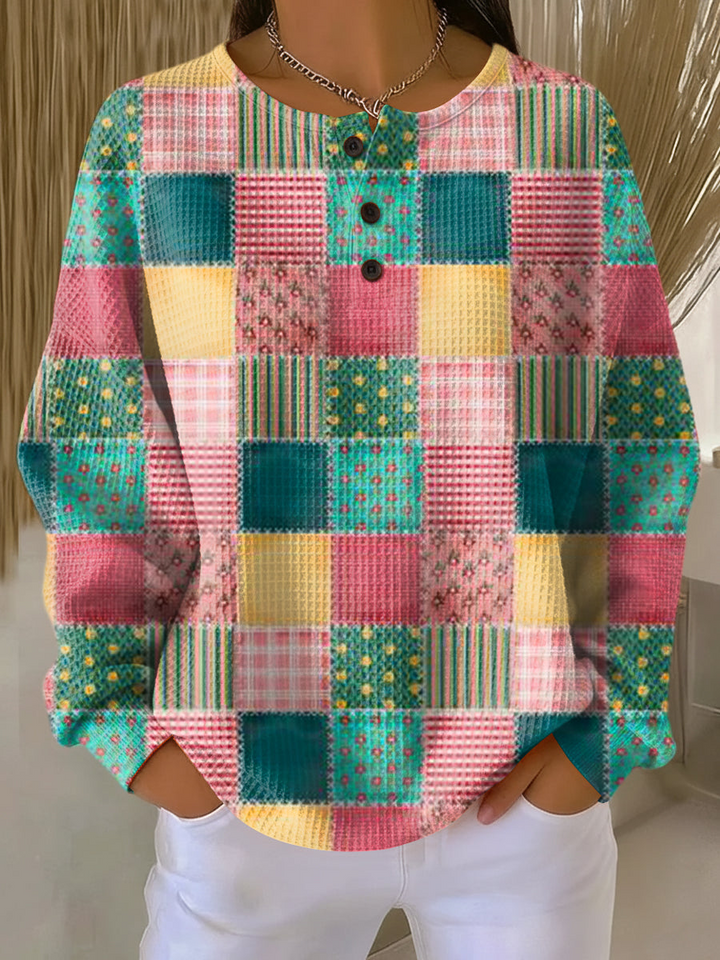 Waffle knit henley in pink, teal and yellow patchwork squares with floral and striped patterns 20