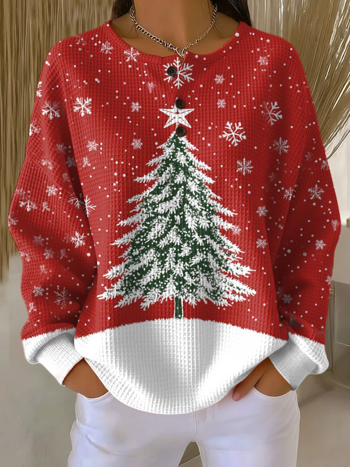Red waffle knit henley with snowy Christmas tree print, star at the placket and white hem 18