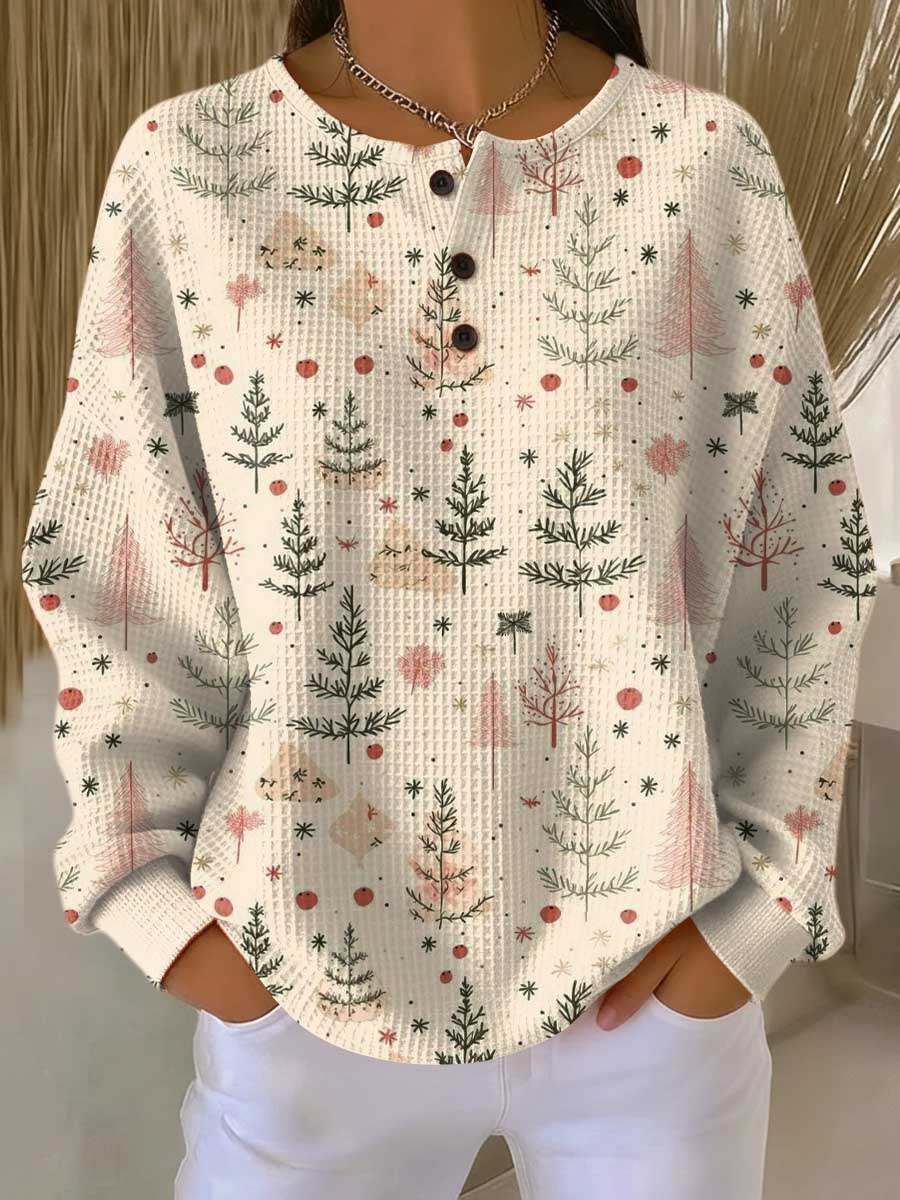 Beige waffle knit henley printed with delicate green and pink pine trees and red berries 17