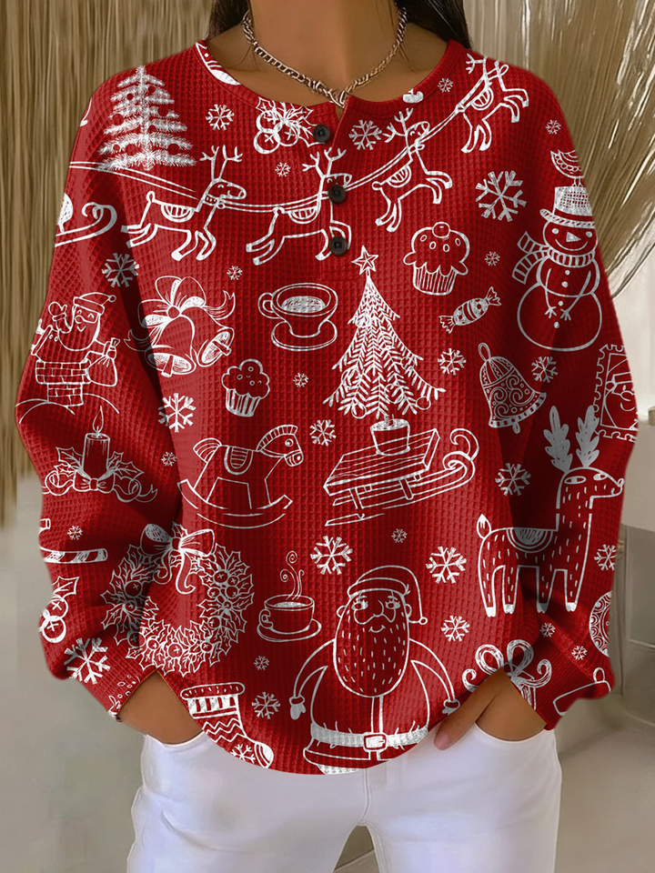 Red waffle knit henley sweater with white line-drawn Santa, reindeer, sleigh, snowman and Christmas tree pattern, worn with 21
