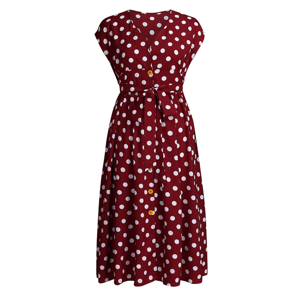 Rot-weiß gepunktetes Sommerkleid, ärmellos, V-Ausschnitt, Knopfleiste, Bindegürtel.