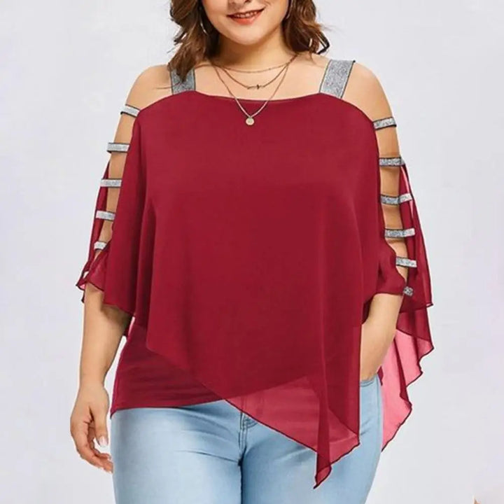 Damen Bluse, rot, schulterfrei, mit Glitzerträgern, asymmetrischer Saum, Plus Size Mode.