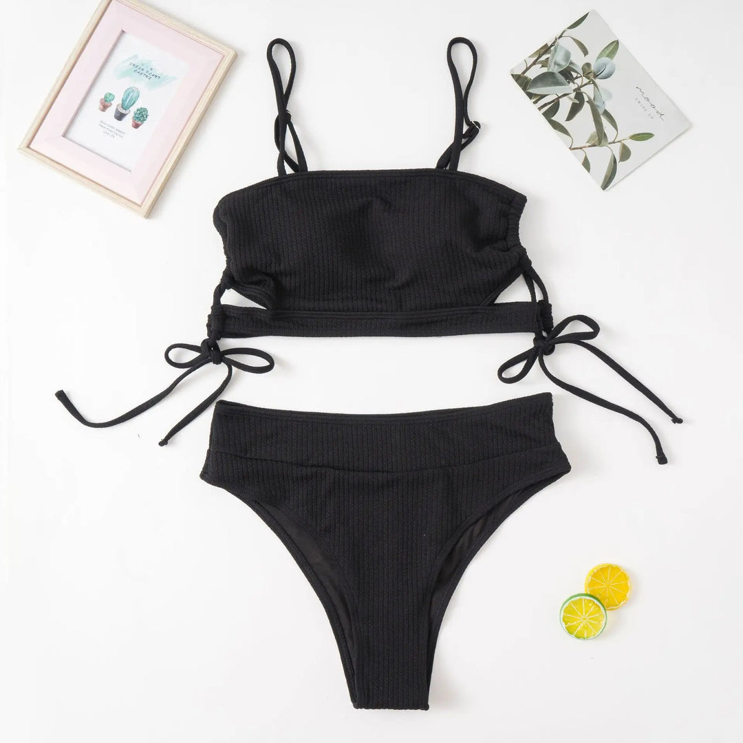 Schwarzer Bikini-Set Damen, gerippt, mit verstellbaren Trägern, modisch, Sommermode.