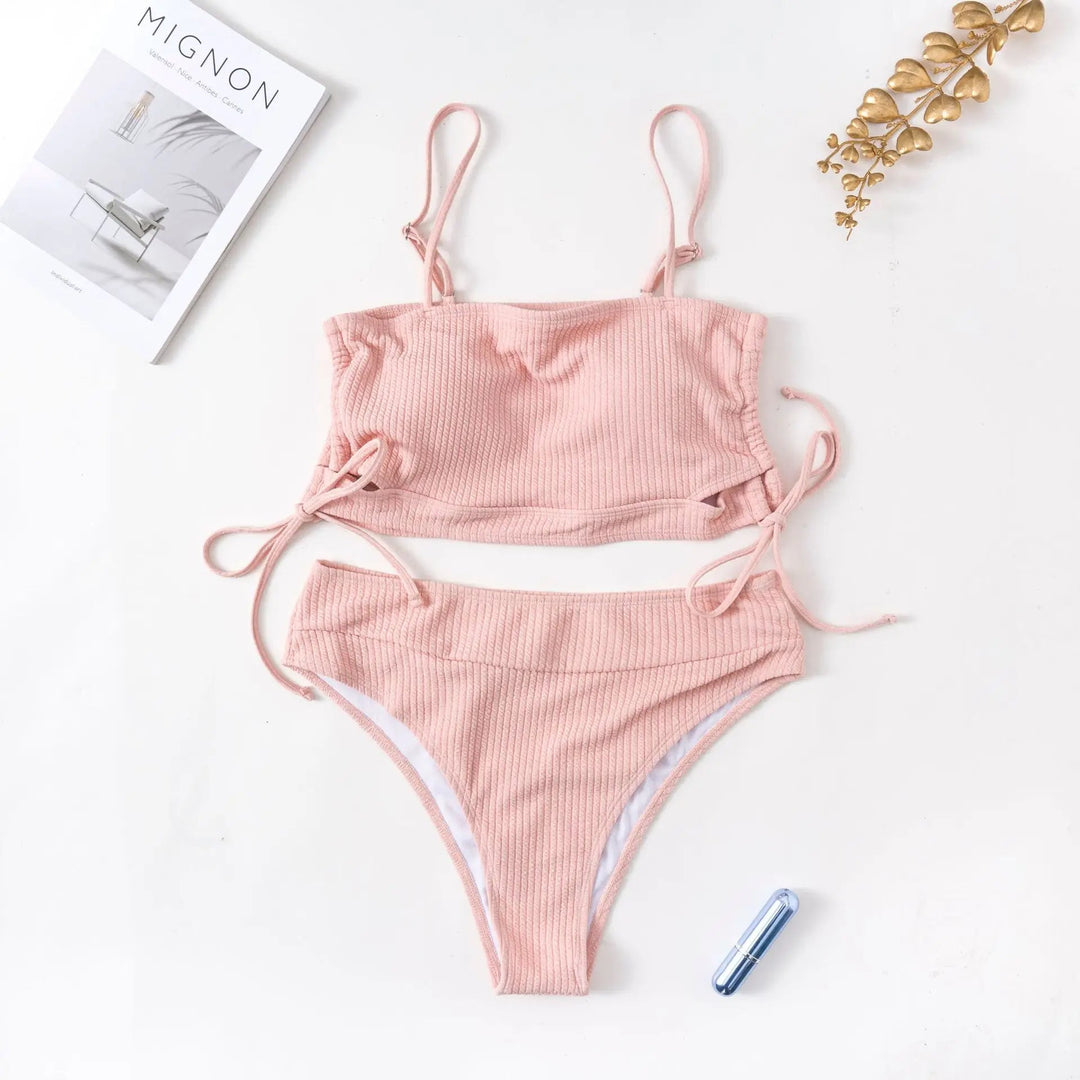 Rosa Bikini-Set Damen, gerippt, mit Trägern, Sommermode, Strandbekleidung, elegant.