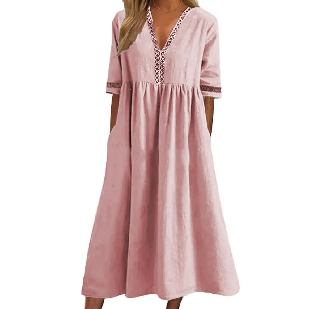 Damen Maxikleid rosa, V-Ausschnitt, Baumwolle, Sommermode, Freizeitkleidung, elegant.
