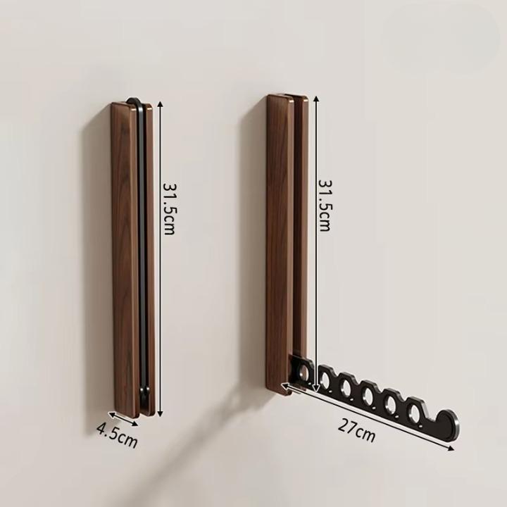 Foldable wooden wall coat rack dimension diagram with folded and extended measurements in centimeters.