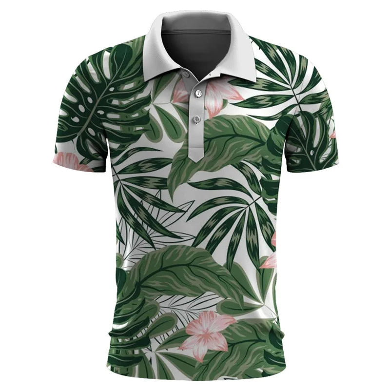 Herren-Poloshirt mit tropischem Blattmuster, grün-weiß, kurzärmelig, Freizeitmode.