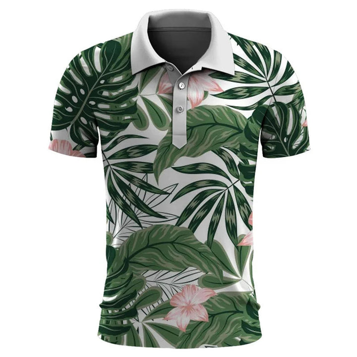 Herren-Poloshirt mit tropischem Blattmuster, grün-weiß, kurzärmelig, Freizeitmode.