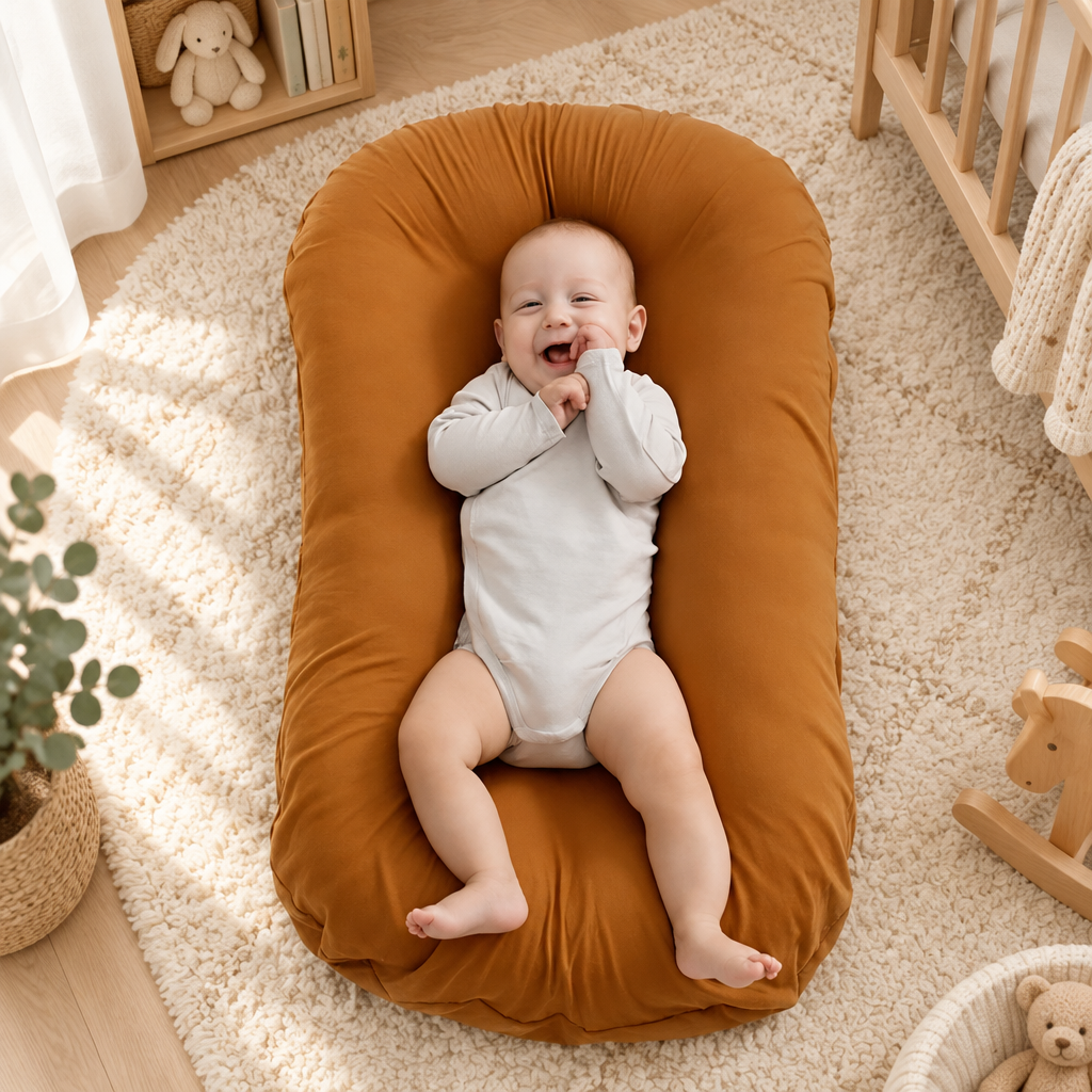 Laughing baby in a white bodysuit lies on a rust-orange support pillow in a cozy nursery 1