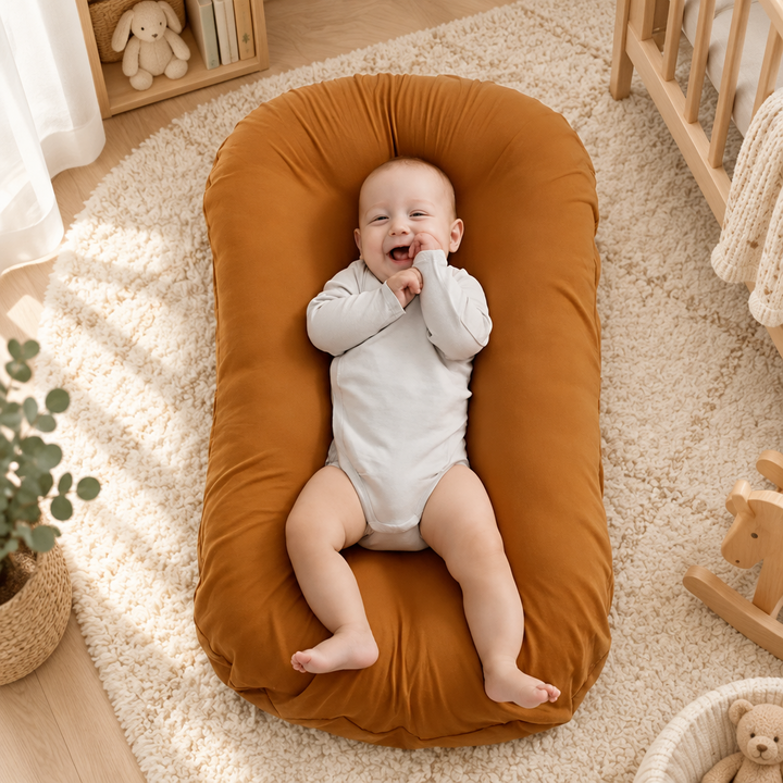Laughing baby in a white bodysuit lies on a rust-orange support pillow in a cozy nursery 1