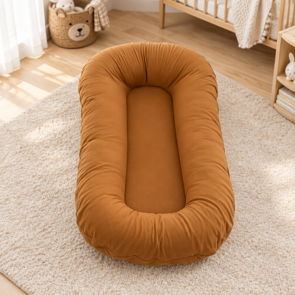 Empty caramel-brown cushion with raised edges on a nursery rug near a crib and toy basket 9