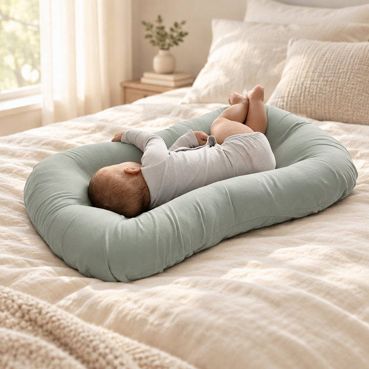 Sleeping baby curled on its side inside a sage green oval cushion on a cream bed 1
