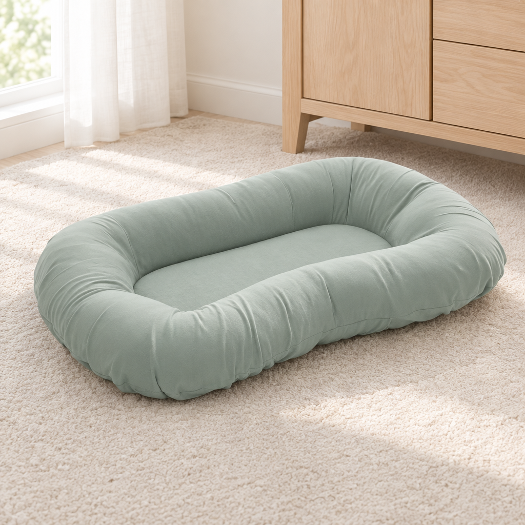 Empty sage green cushion with raised rim on a cream rug beside a wooden dresser 8
